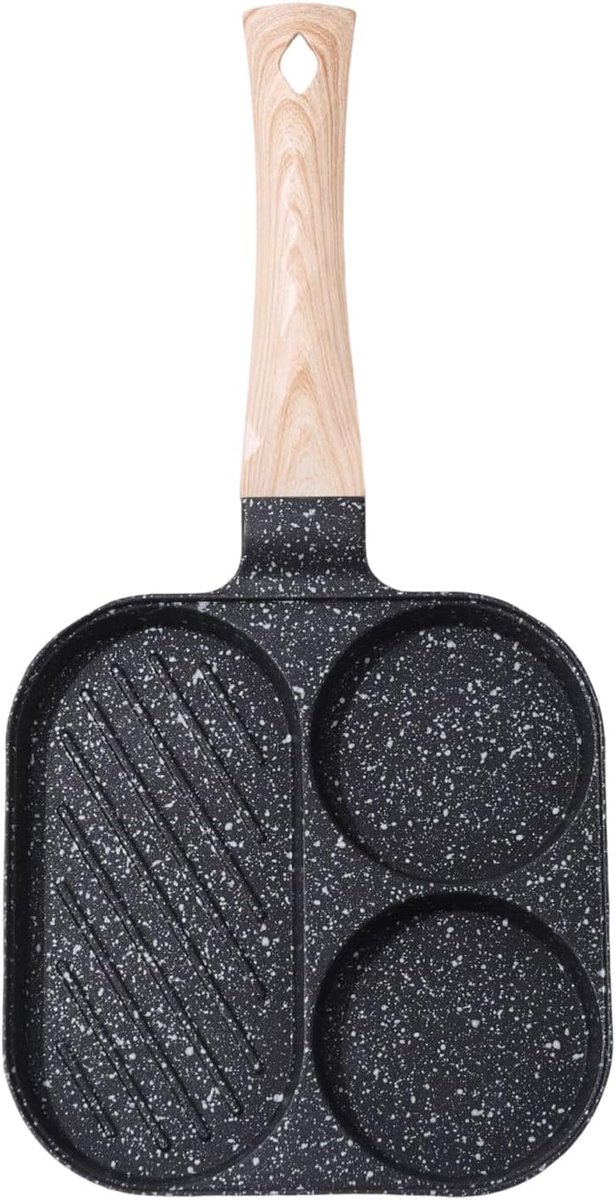 Eierpan 3 Vakkken - Ontbijtpan koekenpan - Ontbijt bereiden - Antiaanbak keramisch - 36.5 x 18.5 cm - Zwart