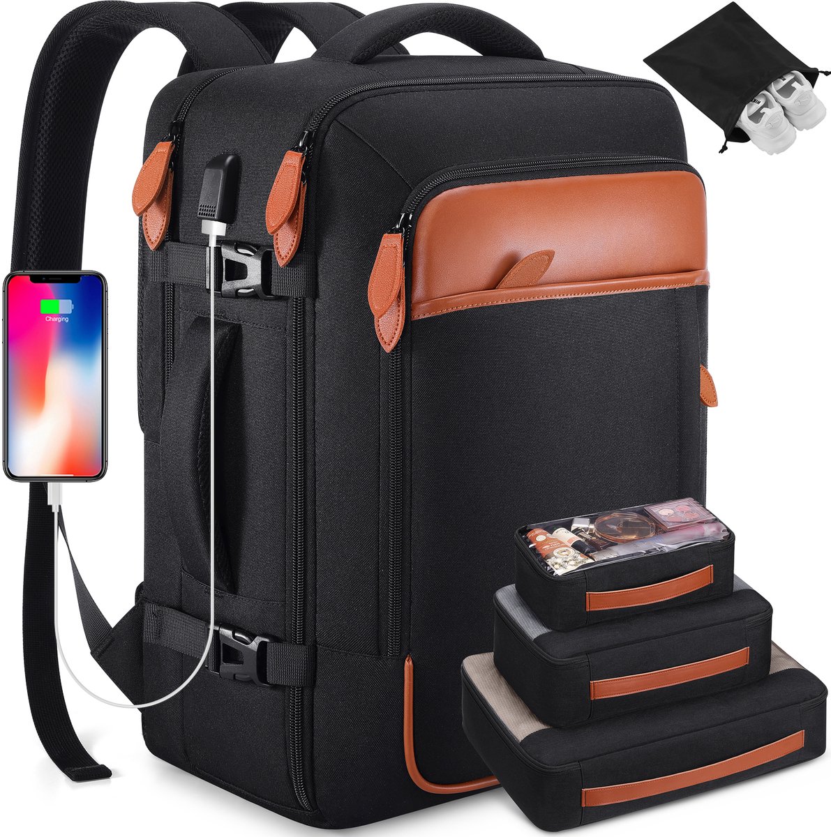 MEUNIQ Reisrugzak 40L Uitbreidbaar – USB Oplaadpoort & 4 Inpakzakken – Waterafstotend met 17 Inch Laptopvak – Handbagage Reistas – Zwart