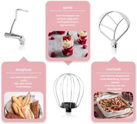 Thuys - Keukenmachine Roze - 1100W - 5 Liter RVS Kom - Spatbescherming - voor Kneden - Mixen en Bakken Thuis van Thuys — afbeelding 4