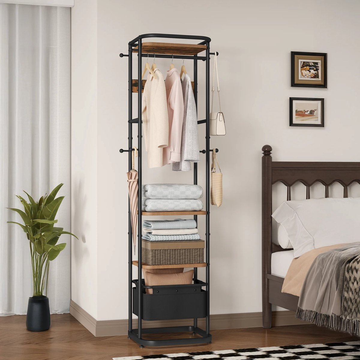 Home & Beyond® Kapstok met Schoenenrek - Garderoberek met 11 Haken, Hangroede & Opbergmand - Industrieel Kledingrek - Halkapstok - Bruin/Zwart – foto 6