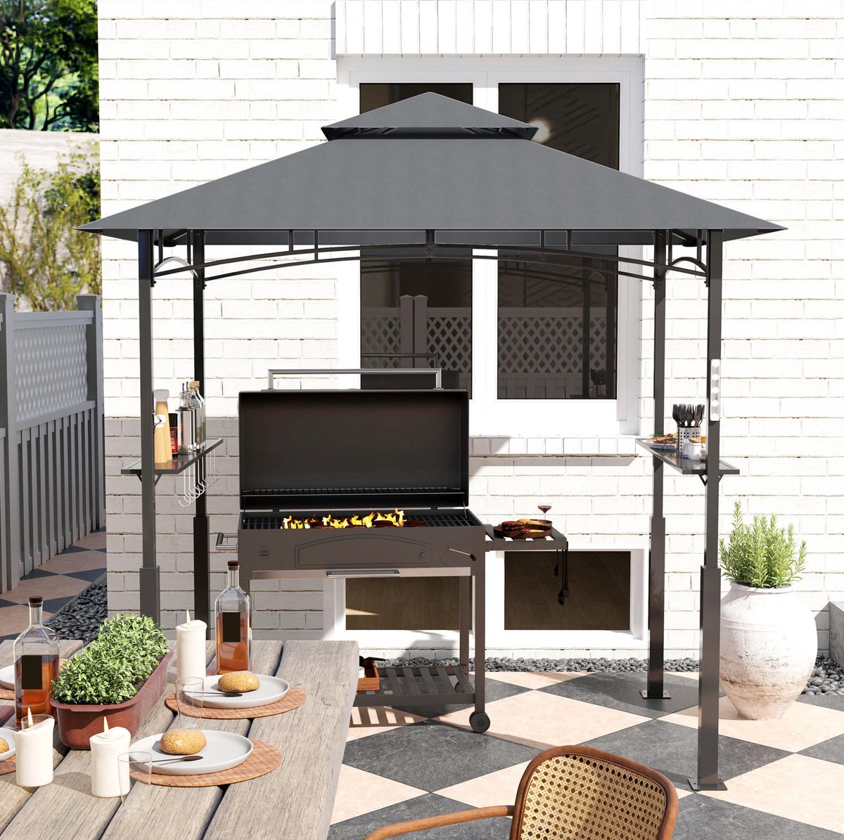 HAUSS SPOLE Barbecue Overkapping - 243 x 148 x 248 cm - Met Led Verlichting - Metaal - Donkergrijs - Voor BBQ en Buitenfeesten - Met Dubbel Dak