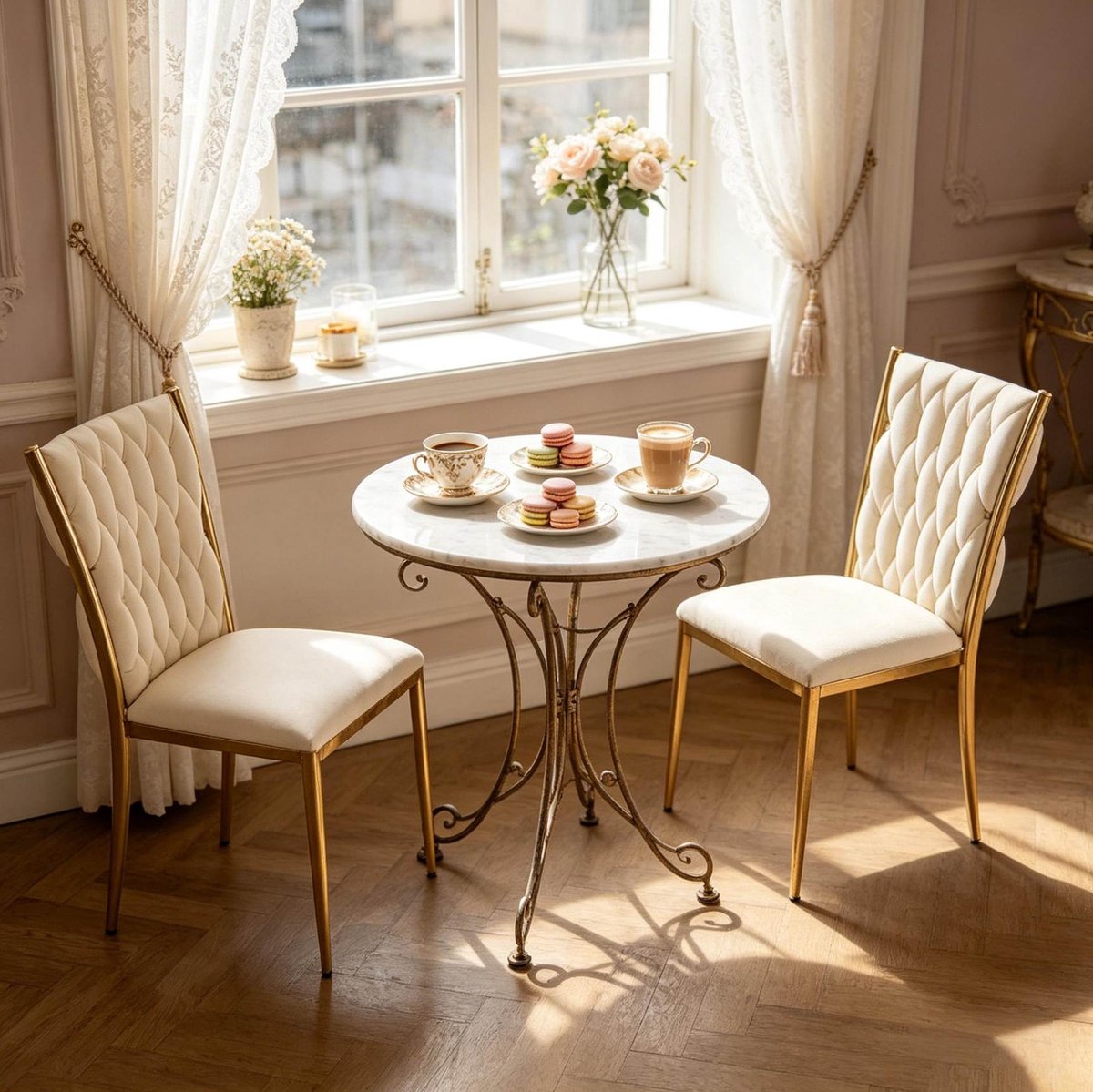 STILVORA Eetkamerstoel 47 x 94,5 x 59,5 cm - Set Van 2 Met Hoge Rugleuning En Zachte Zitting - Voor Eetkamer En Woonkamer - Fluweel Cremewit En Goud