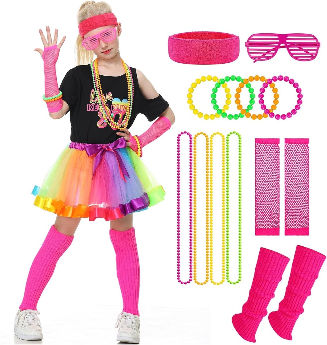 Jaren 80 verkleedkostuum voor kinderen, kleurrijke cosplay outfit met tutu-rok en accessoires voor feestjes en themafeesten