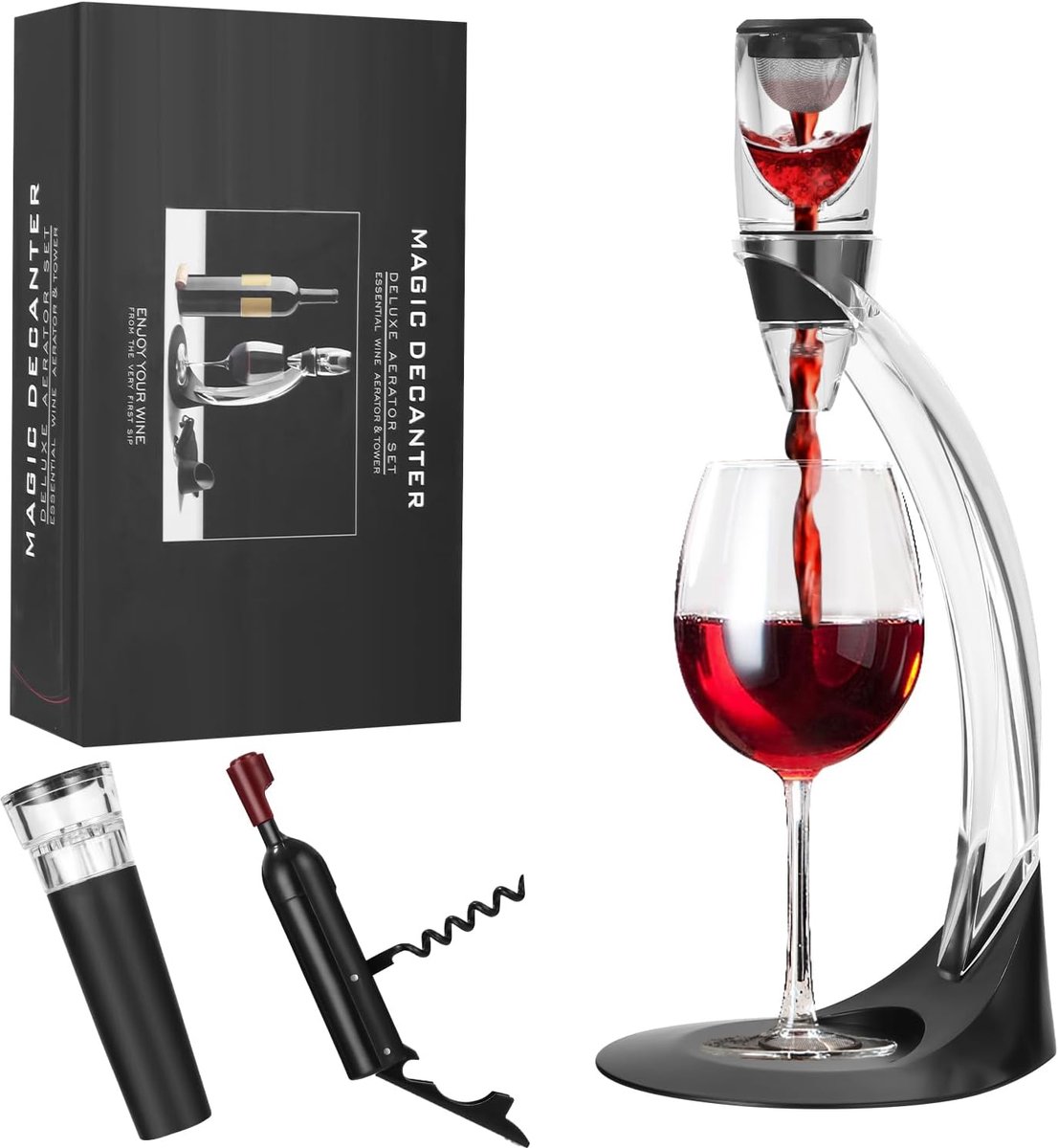 SnelShoppen - Luxe Wijn Decanteerset met Hoogwaardige Rodewijn Decanteerder, Wijnbeluchter, Vacuüm Wijnstopper & Elegante Kurkentrekker - Perfecte Wij