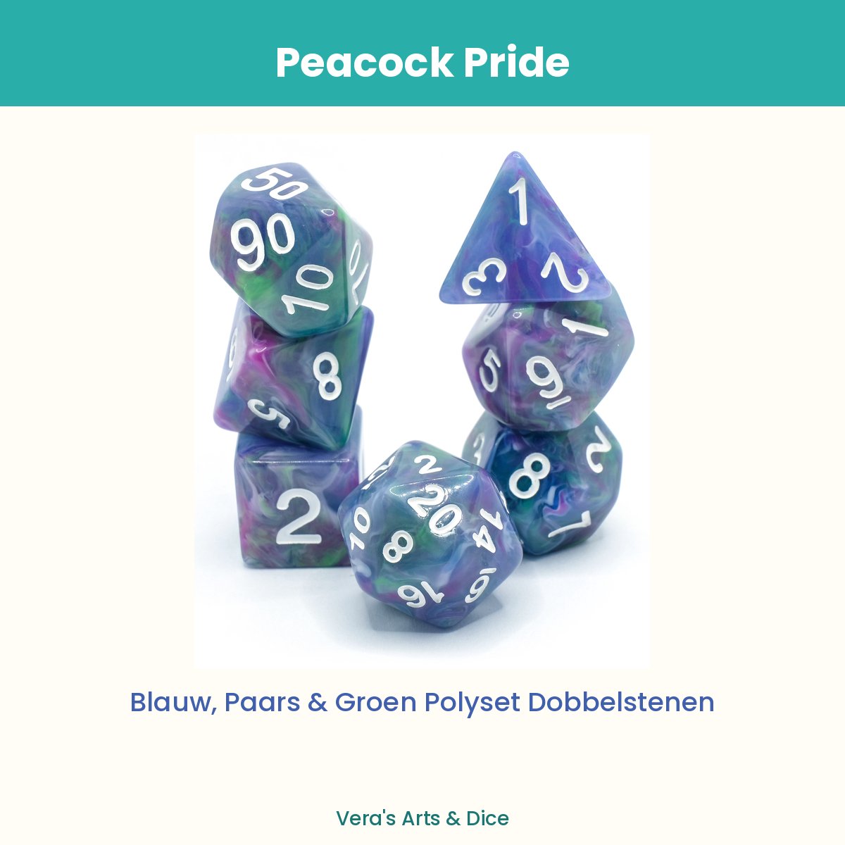 Peacock Pride - Vera's Arts & Dice - Dobbelstenen Set - 7-delig - Blauw Groen Paars Wit - D&D RPG