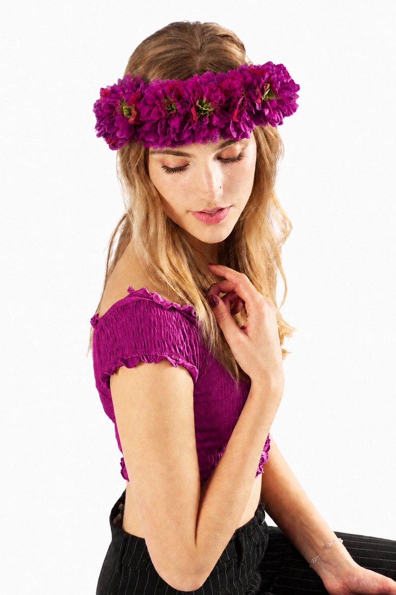 KIMU® Grote Ibiza Paarse Bloemenkrans - Haar Paars Bloemen Haarband Bloem - Tropical Exotisch Jungle Safari Zomer Hibiscus Hawaii Hula Festival