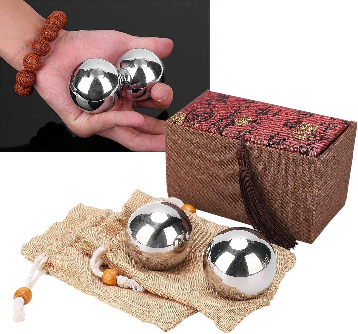 Traditionele Handtherapie Ballen voor Ontspanning en Stressverlichting - 2 Stuks Stalen Gezondheidsballen voor Oefeningen en Handtherapie
