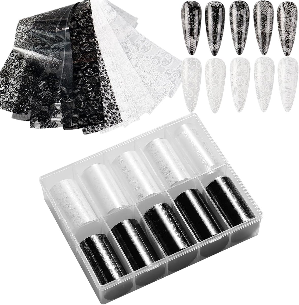 SnelShoppen - 10 Rollen Nagelfolies Kant Zwart Wit - Transferfolie Nagels - Nagelstickers Decoratie - 4 x 100 cm voor Luxe Manicure