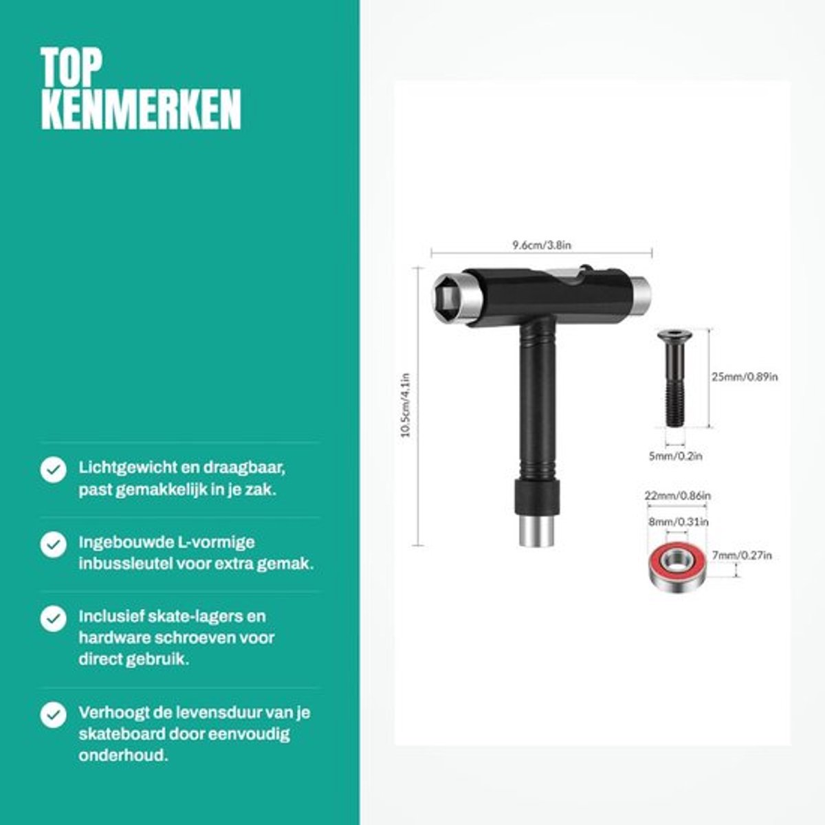 Skateboardtool Lichtgewicht - Multifunctioneel Gereedschap - Draagbaar - T-vormige Inbussleutel - L-vormige Schroevendraaier - 22 Onderdelen - Skateboard Gereedschap