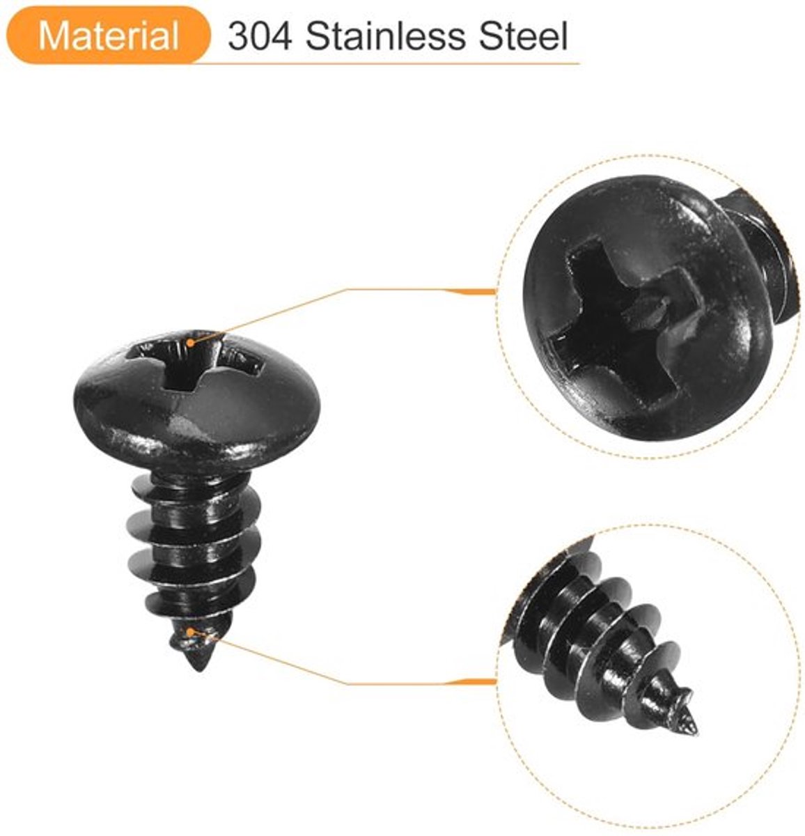 Zelftappende Schroef 5 mm x 10 mm - 50 Stuks - Roestvrij Staal 304 - Zwarte Schroef - Ronde Kop - Volledige Schroefdraad - Bevestigingsschroef