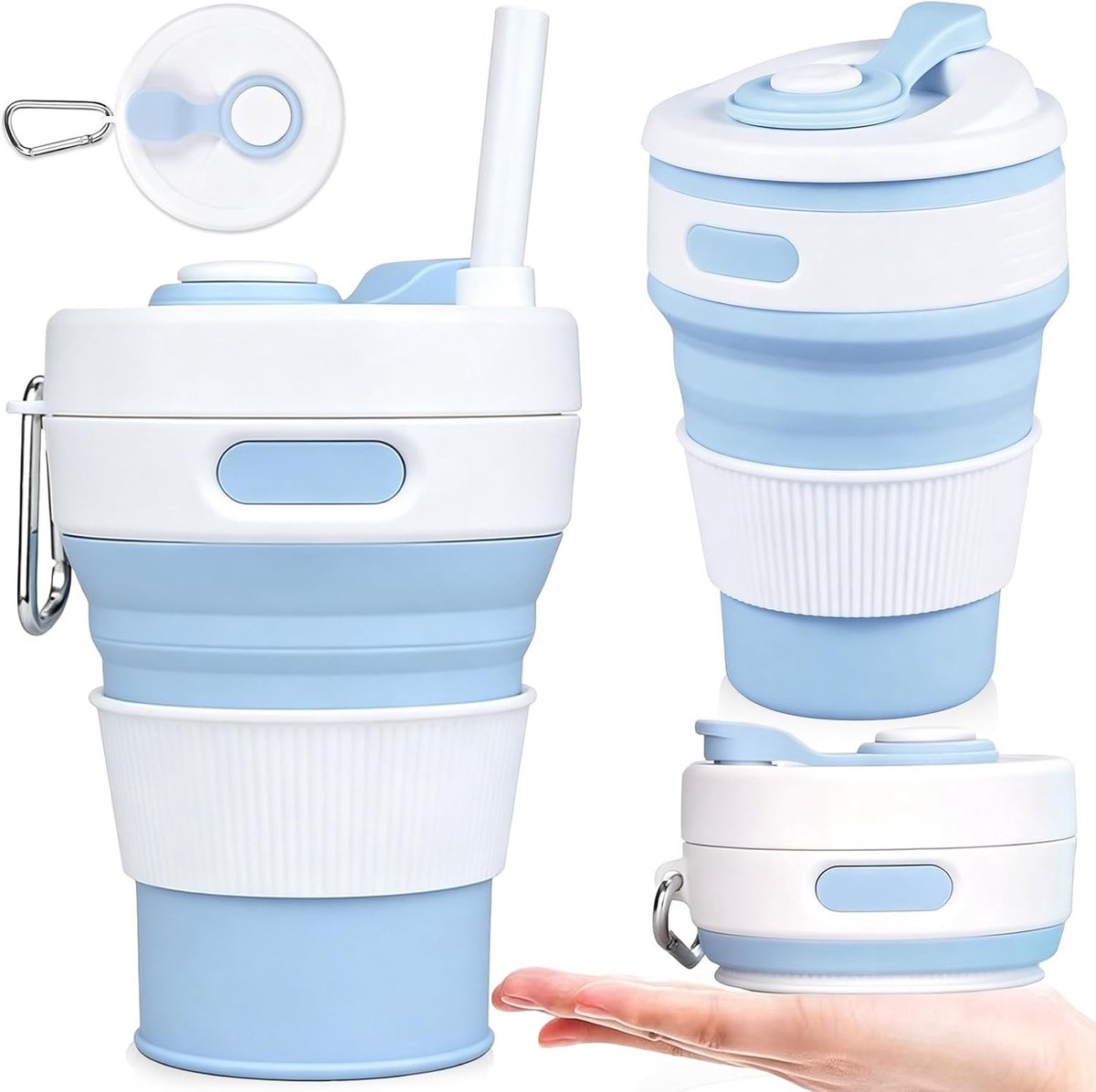 Opvouwbare Reisbekers van Siliconen - Herbruikbare Camping Koffiebeker met Deksel voor Wandelen en Picknick 450 ml (Blauw)