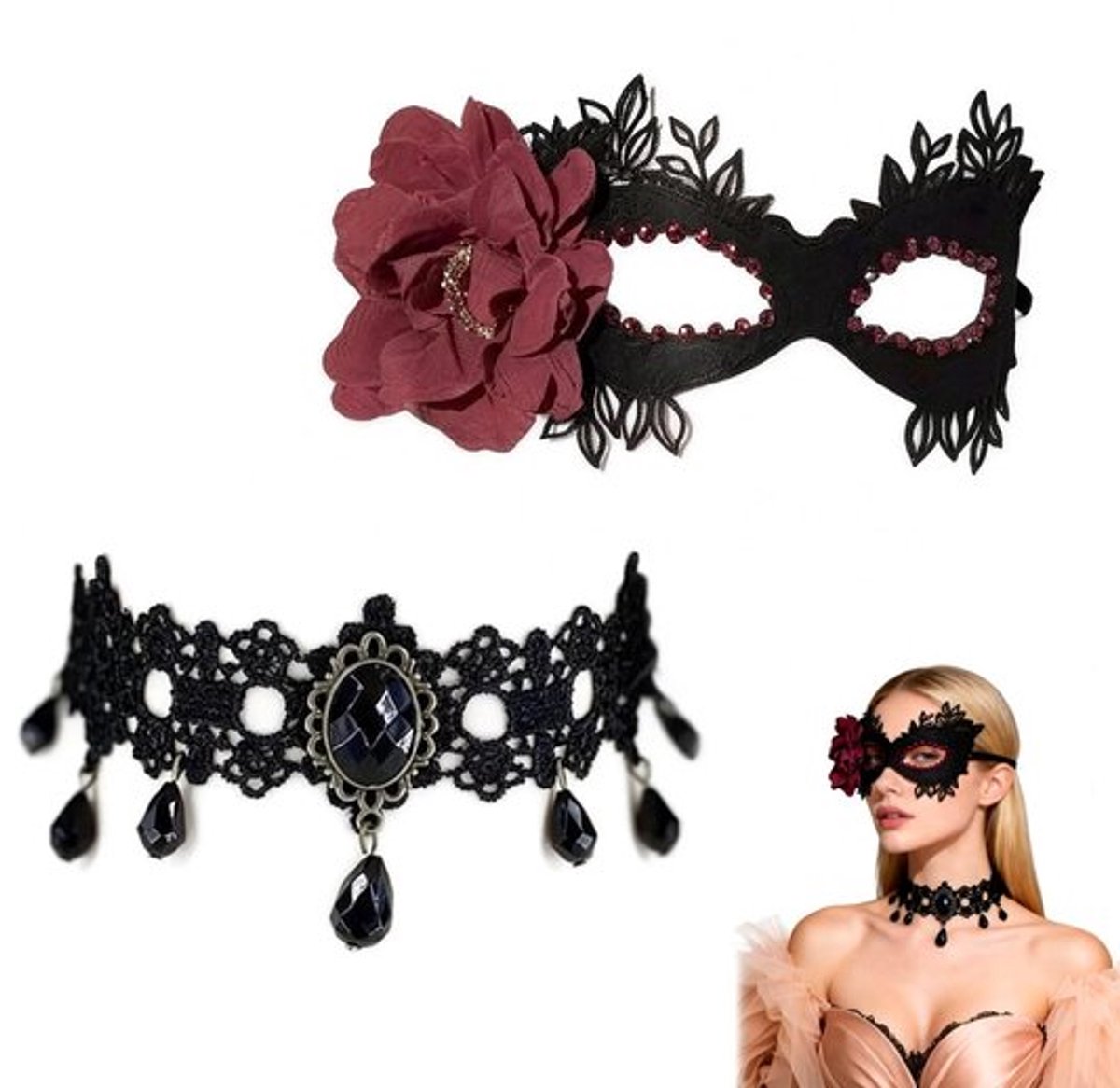Venetiaans Masker Set Dames Zwart Rood - Kunstleer Masker met Rode Bloemen