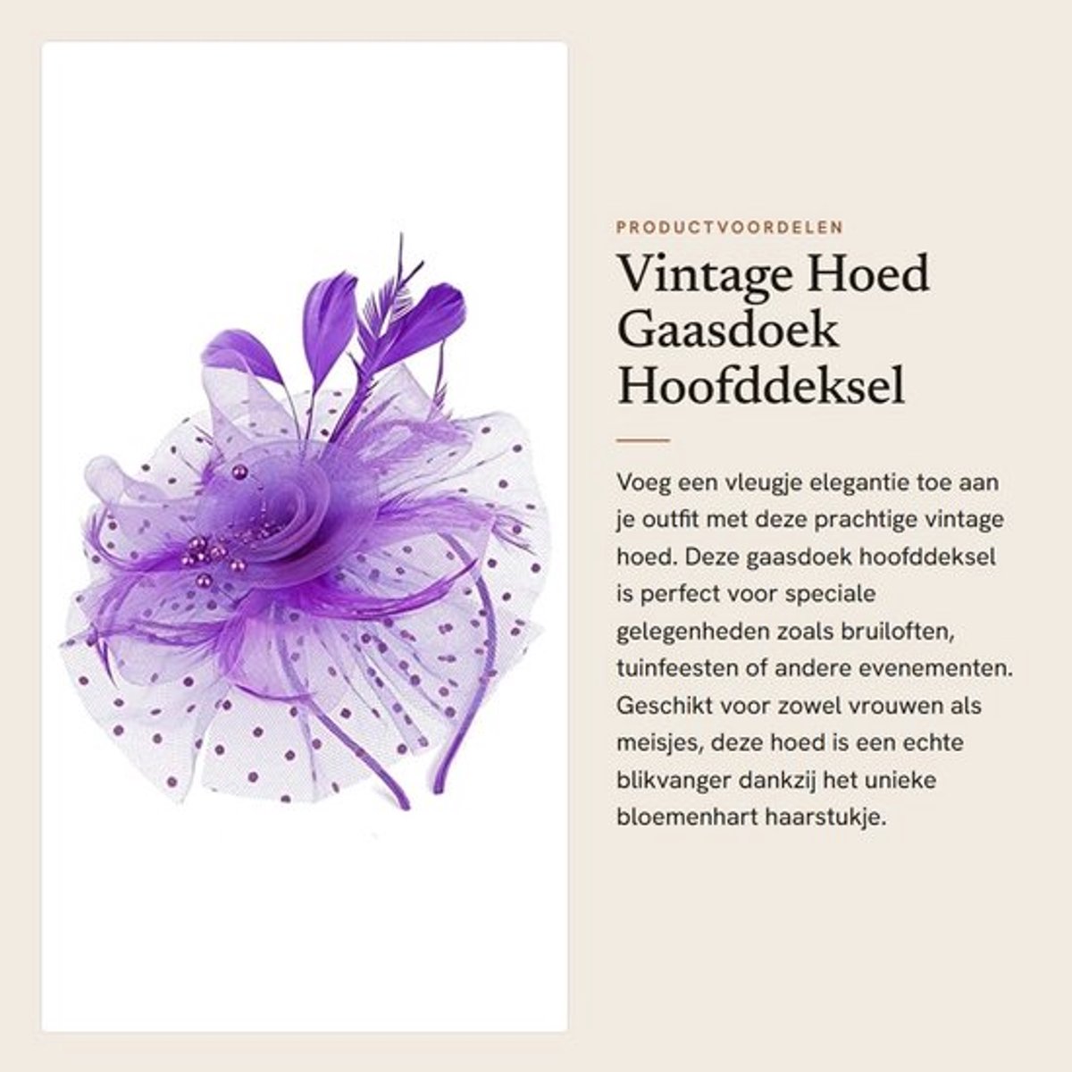 Hoed Vintage Veer - Hoofddeksel van Gaasdoek - Bloemenhart/Haarstukje - Voor Vrouwen/Meisjes - Paars - Lichtgewicht Design - Fascinator