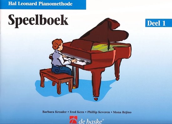 Speelboek Deel 1 van de Hal Leonard Pianomethode met een jongen die piano speelt op een vleugel.