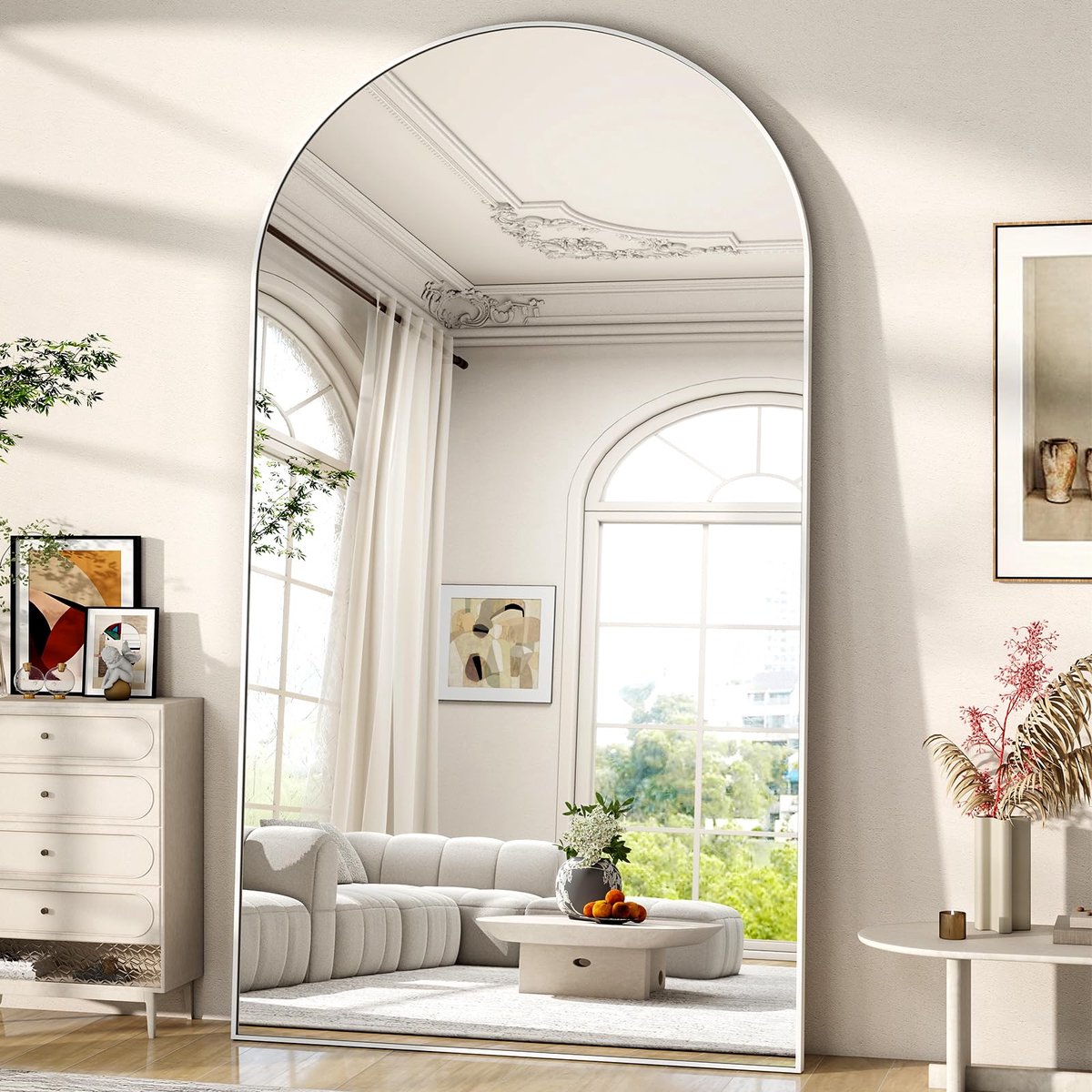 SnelShoppen - Full-body spiegel 218 x 102 cm gebogen staande spiegel, hangend of leunend aan de muur, vloerspiegel met standaard, wit voor slaapkamer,
