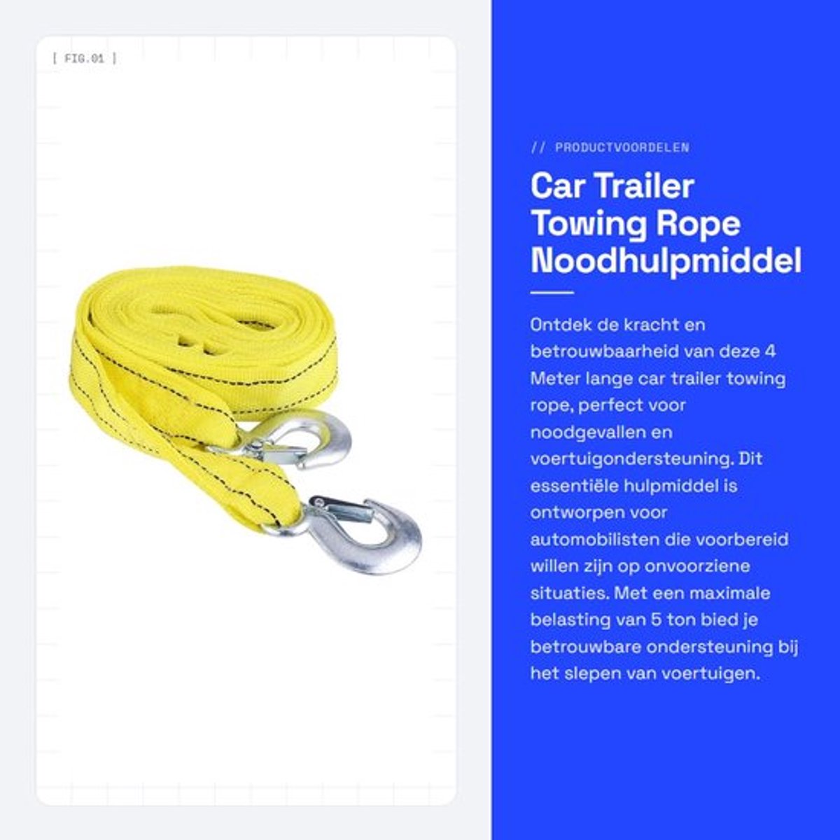 Sleepkabel 4 Meter - Max. Belasting 5000 kg - Nylon Band - Gesmeed Ijzer Haken - Noodhulpmiddel - Lichtgewicht 465g - Trekriem