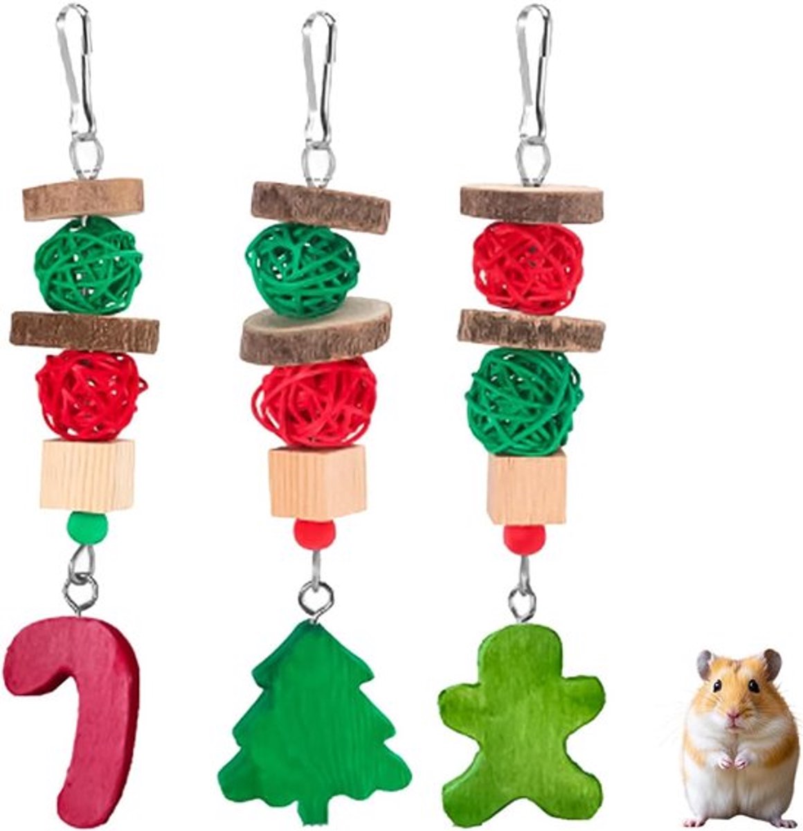 3-delige set met speelgoed voor cavia’s, knaagspeelgoed voor hamsters, kerstdierenspeelgoed, snacks, kooi, ophangaccessoires en knaagspeelgoed.