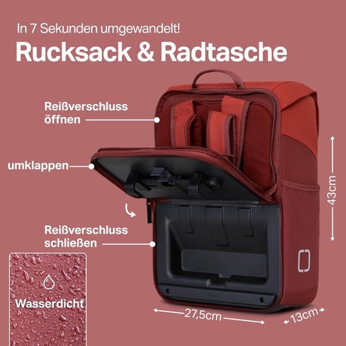 Thijox - Otinga Flip Move Fietstas Rugzak 16L Inhoud - Waterdichte Bagagedragertas met Rugzakfunctie - Vulkan-rood, Ideaal voor Fietsen, Reizen en Dag