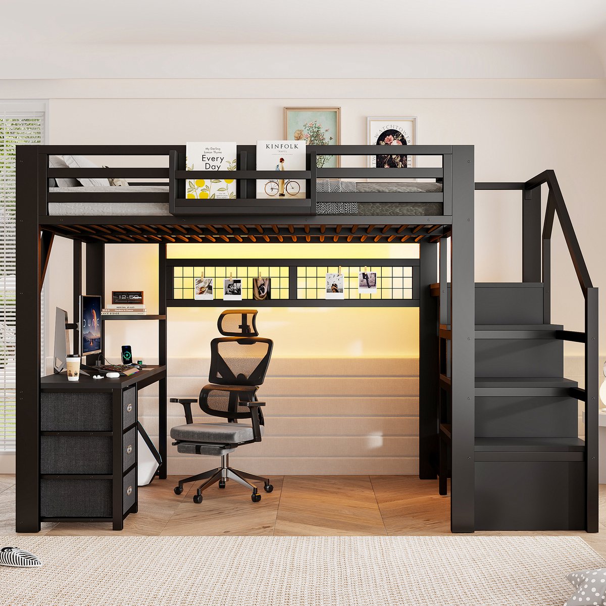 Hoogslaper 140x200 cm – Met Bureau en Ledverlichting – Met 3 Laden, Opbergvakken en Kledingkast – Zonder Matras – Metaal – Zwart