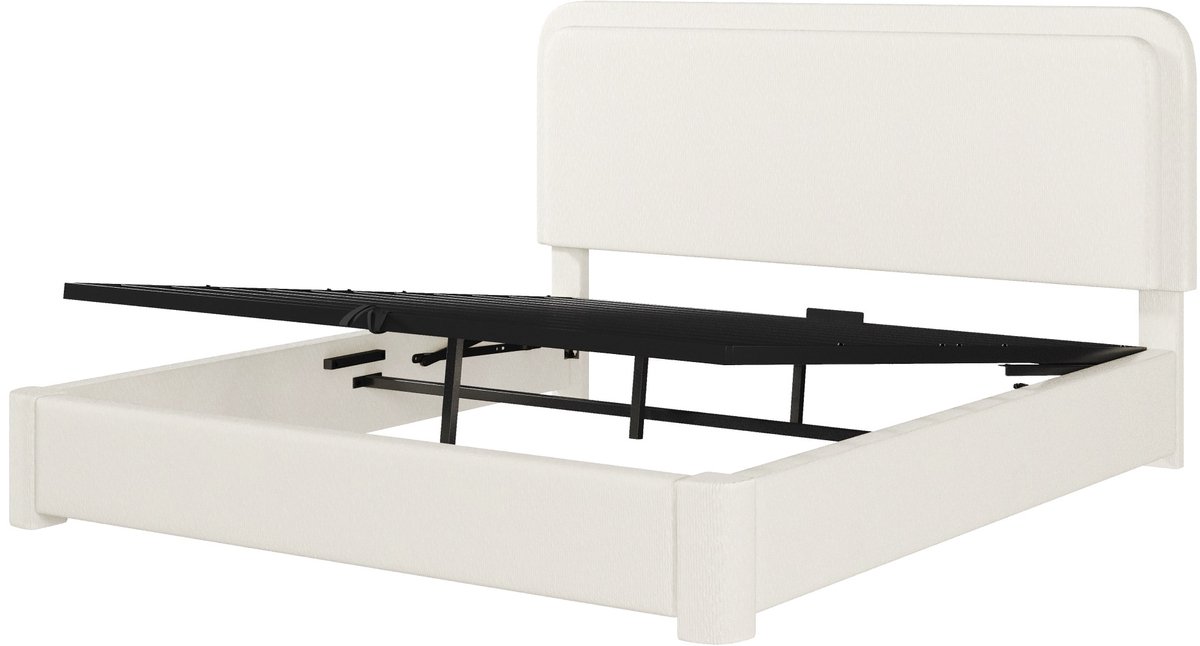 OKWISH Gestoffeerd Bed 160x200 cm - Tweepersoonsbed Met Verstelbaar Hoofdbord - Hydraulische Opbergruimte - Zonder Matras - Bouclé - Wit