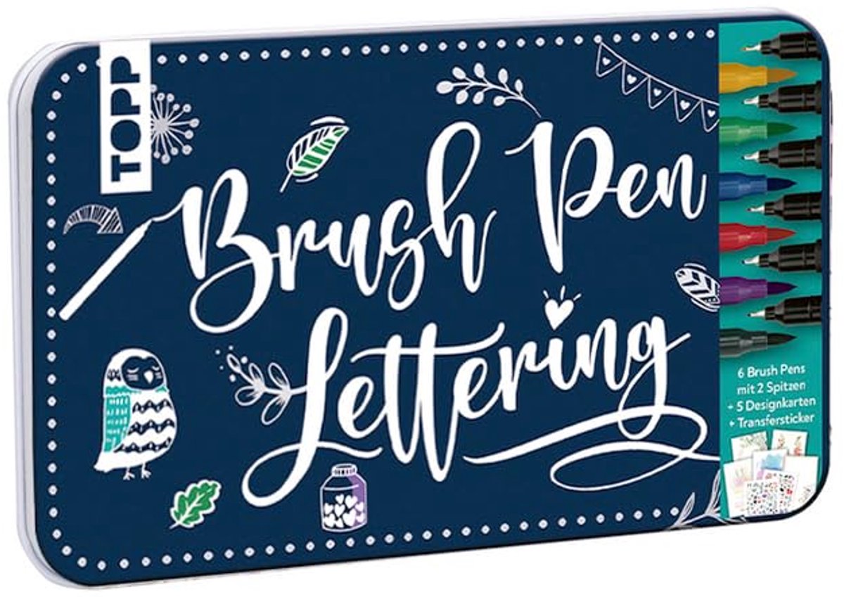 SnelShoppen - Brush Pen Lettering Set - 6 Brush Pens met Fineliner-Spitze in Rood, Geel, Groen, Lilac, Blauw, Zwart - 5 Design Papier en 2 Transfersti
