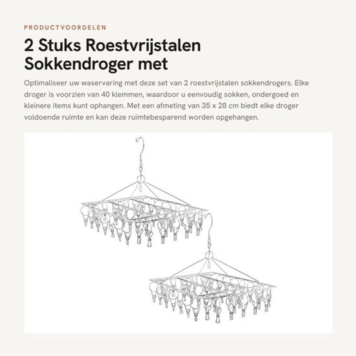 Sokkendroger set van 2 - Roestvrij Stalen - 35 x 28 cm - Hangend - 40 Klemmen - Ideaal voor Camping/Balkon - Wasrek