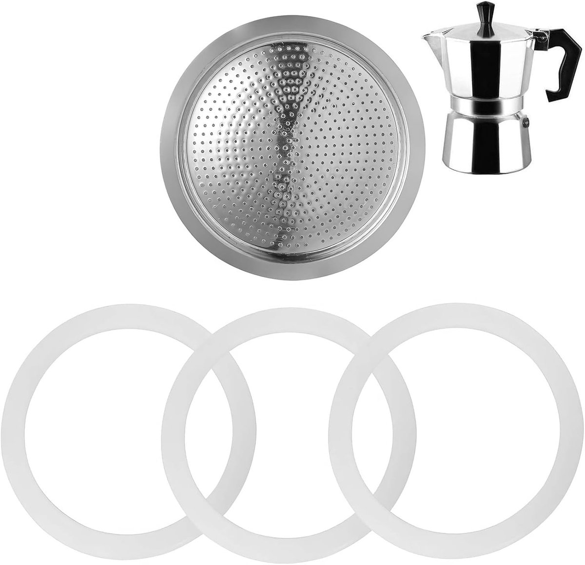 SnelShoppen - Coffee Maker Filter + 3 Rubber Seals - Vervangingsonderdelen voor Italiaanse Koffiezetter, Aluminium Filter, 6 Kops Set, Keukenaccessoir