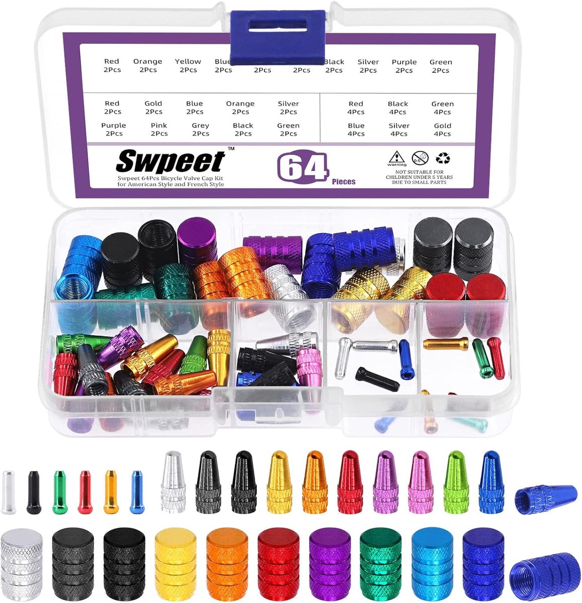 SnelShoppen - 64Pcs Fietskabel Eindkap Assortiment Kit - Anodized Aluminium Valve Caps voor Fietstires - Multi Color - Voor P-resta & S-chrader Ventie