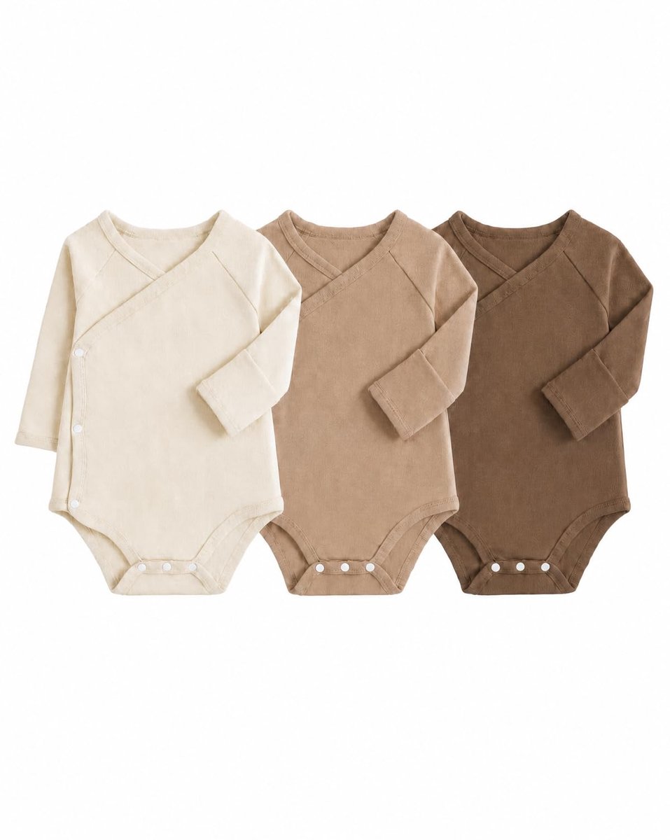 SnelShoppen - 3 Stuks Baby Jongens Meisjes Bodysuits Lange Mouw 100% Katoen voor Pasgeborenen tot 12 Maanden - Bruine Top Kleding Set voor Baby's van