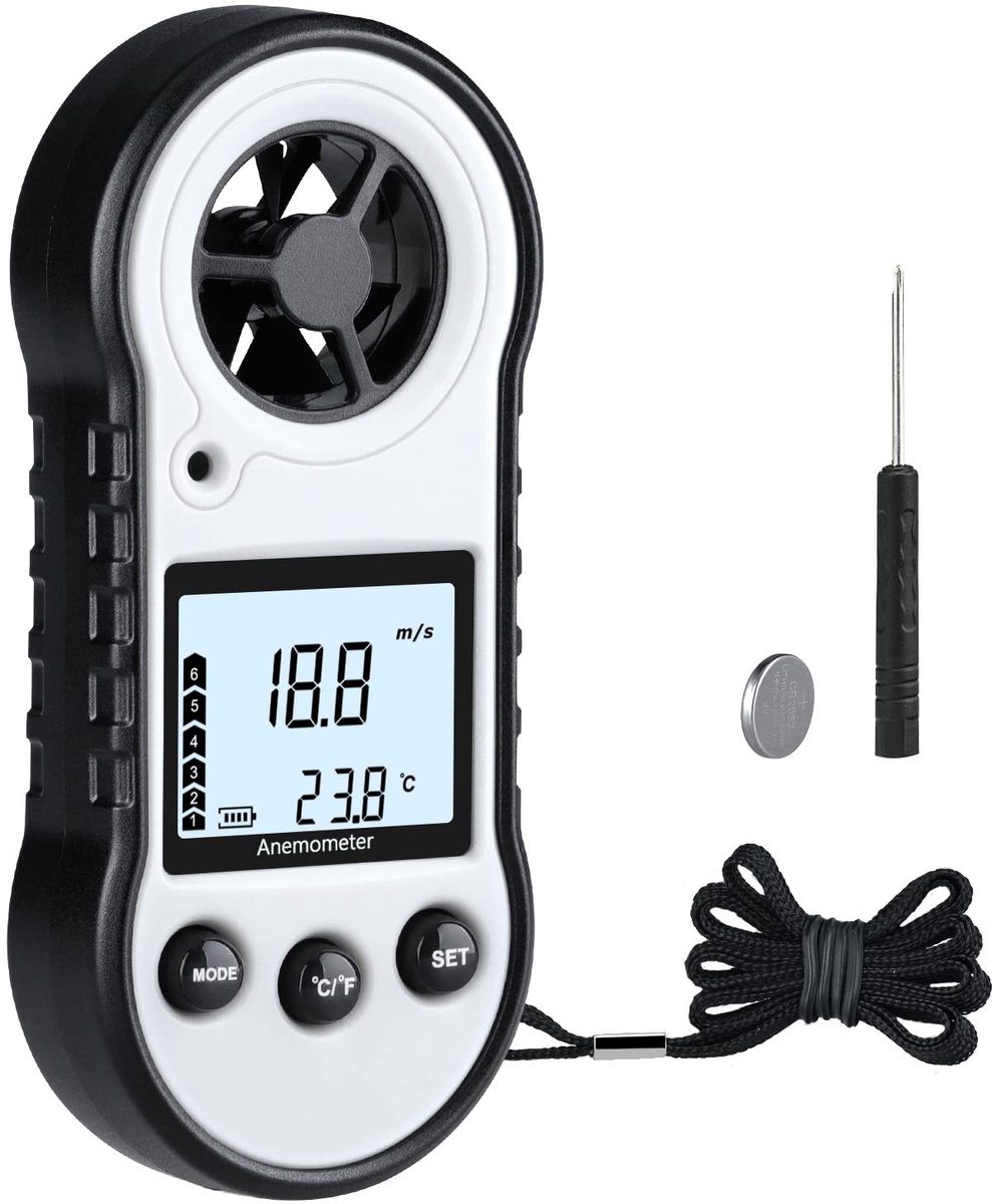 SnelShoppen - Digitale Windmeter, Luchtdebietmeter Anemometer voor Zeilen, Surfen, Vissen, Vliegen -10 °C tot 45 °C, Grijs, Precisie Temperatuur- en L