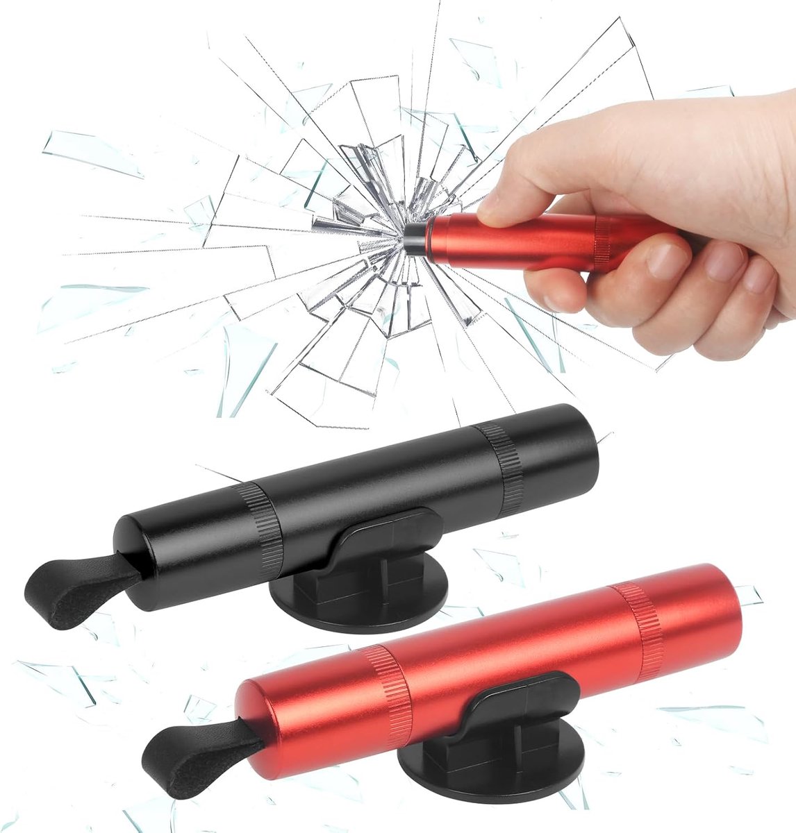 2 in 1 Veiligheidshamer - 2 stuks - Noodhamer - Auto Hamer - Gordelsnijder - Safety Hammer & Gordelsnijder - Inclusief Testglas & Zelfklevende Houder - Auto-ontsnappingstool - Veiligheid - Voor reddingswerk op het land en onder water - Rood+Zwart