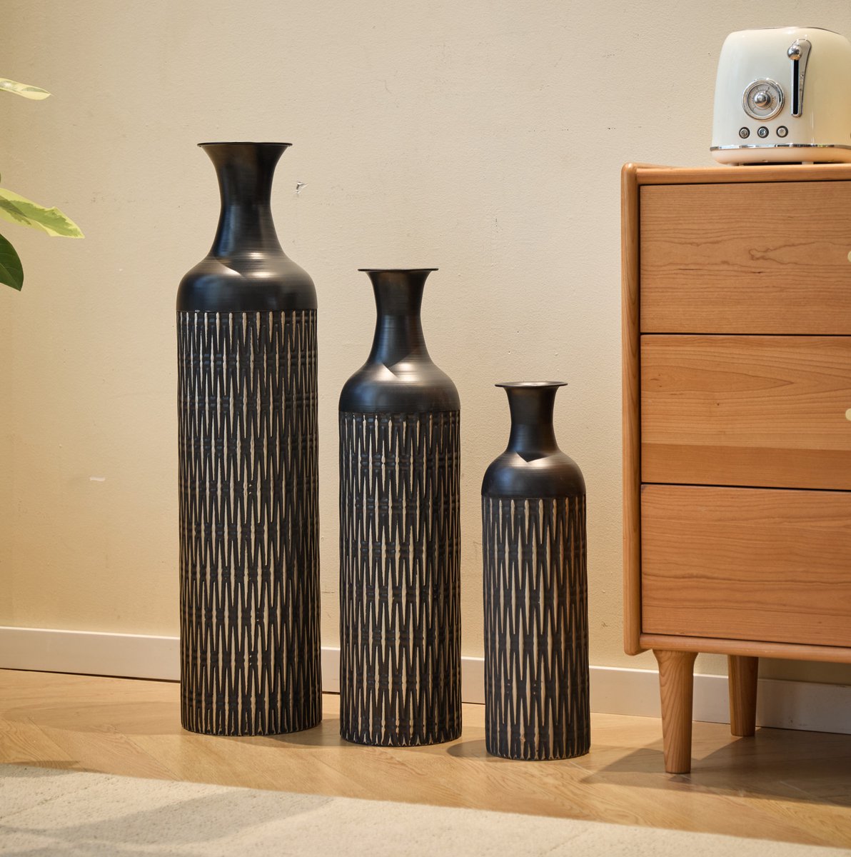 MODENUIT Vloervaas – 3-Delige Set – 50/66/83 cm – Metaal – Zwart – Voor Droogbloemen – Niet Waterdicht