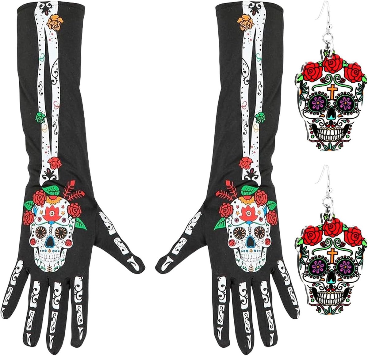 Dia de los Muertos Kostuum voor Vrouwen, 2-delig met Handschoenen en Schedel Oorbellen, Perfect voor Themafeesten en Carnaval, Lengte Ongeveer 40 cm