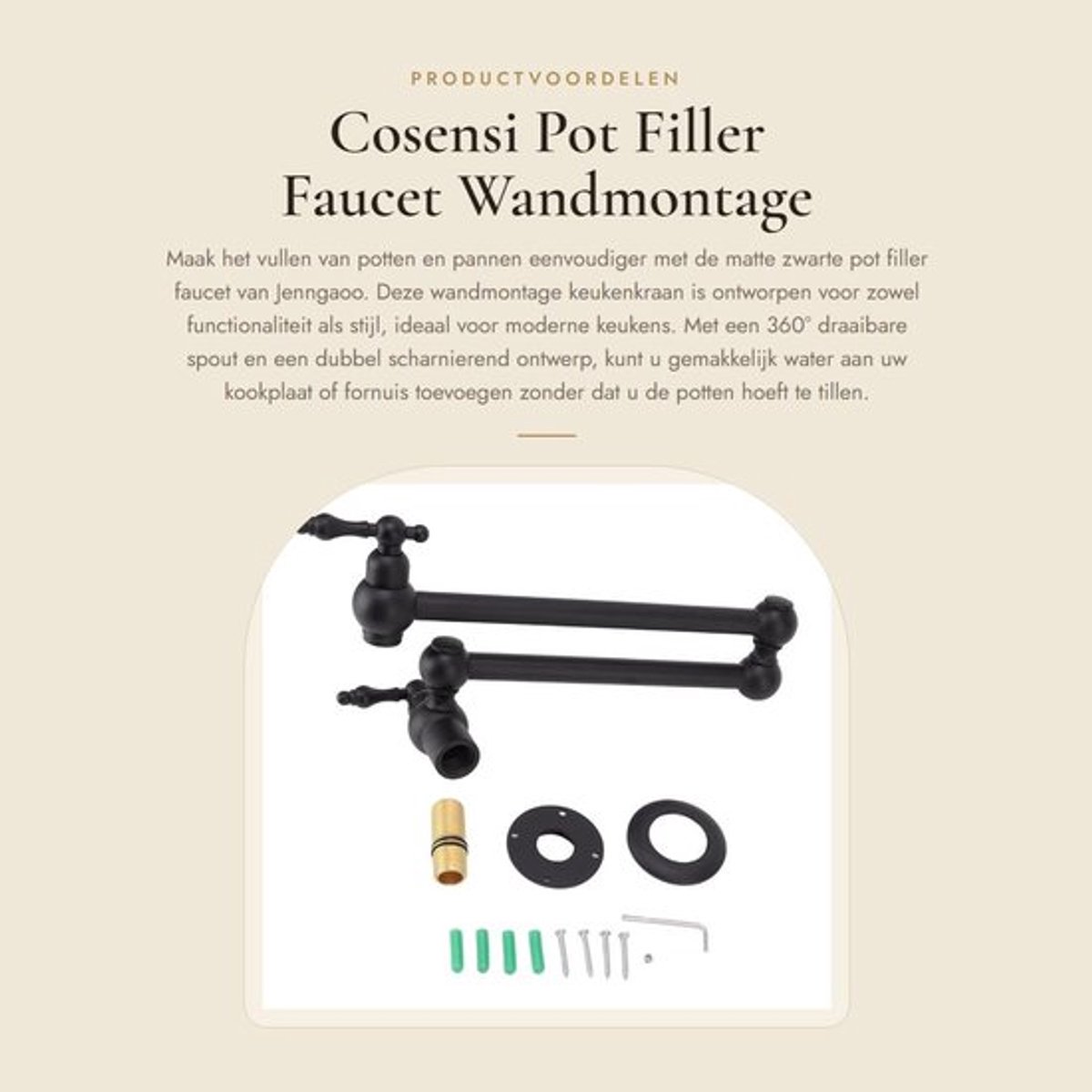 Pot Filler - Wandmontage - Koper - 360° Draaiend - Twee Handgrepen - G1/2 Aansluiting - Scharnierende Uitloop - Keukenkraan