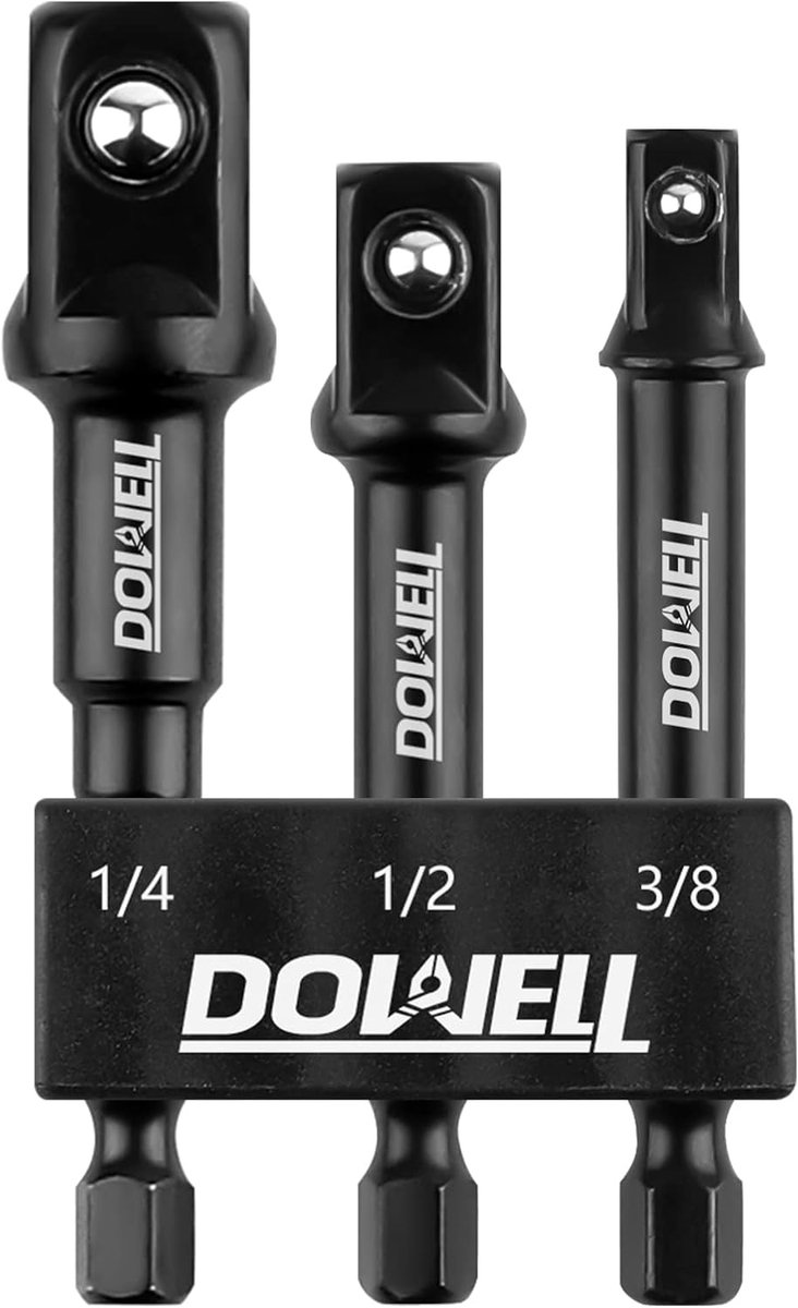 SnelShoppen - Impact Grade Socket Adapter Set 3-delig, 1/4 inch, 3/8 inch, 1/2 inch, Power Drill Extension, 7.5 cm, Vanadium Staal, Voor Hoge Snelheid