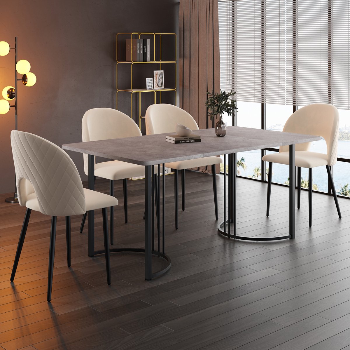 MEUNIQ 5-delige eetgroep 140 x 80 cm met 1 eettafel en 4 beige fluwelen stoelen, modern ontwerp voor keuken en eetkamer, met verstelbare poten