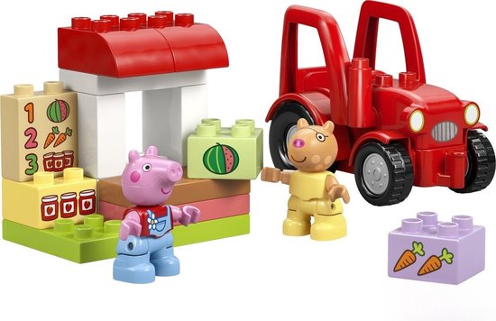Peppa Big en broer George met rode tractor, marktkraam met groenten en potjes jam. De kraam heeft de cijfers 1, 2, 3.