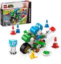 Lego set 72031 "Mario Kart - Yoshi-Crosser" met blauwe Yoshi op groene motor, pionnen, banaan en vraagteken-blok.