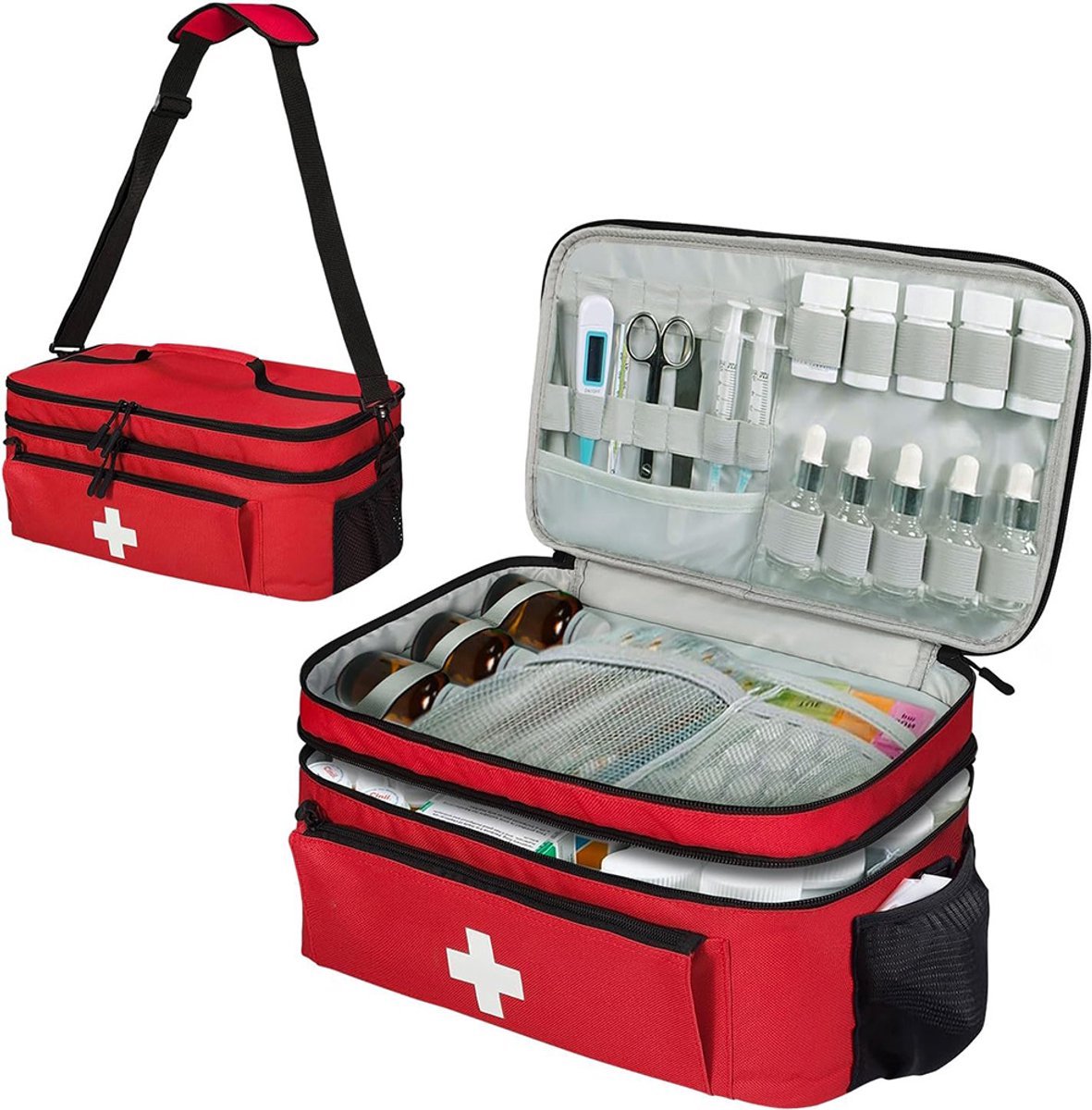 EHBO Kit - Verbanddoos voor Thuis, Kantoor en In De Auto - Verbandtas Set - Verbandkoffer - Compleet Noodpakket - EHBO Koffer - Verband Opbergbox - Care Doos - Travel First Aid Kit - Rood