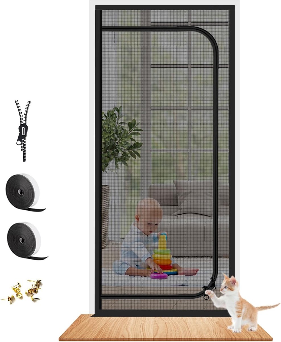 KZQ Kattenhor - Krasbestendige hor met ritssluiting en versterkt gaas - Voorkomt dat katten ontsnappen en krassen - Geschikt voor woonkamer, slaapkamer en terras - 80x200cm - Zwart