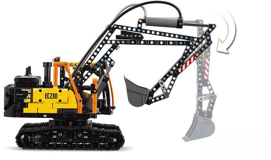 Gele LEGO Technic graafmachine met zwarte rupsbanden. De arm is gebogen, met een pijl die de beweging aangeeft. 'Volvo' is zichtbaar op de arm.