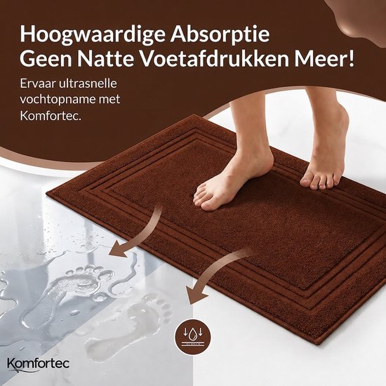 Komfortec Badmat - 2 stuks - Handdoek Dikte - Hotelkwaliteit - Zachte en Absorberende Douchemat - 50x70 cm - 100% Katoen – Bruin