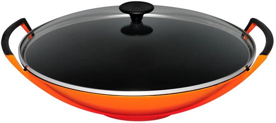 Le Creuset Gietijzeren wok in Oranjerood met glazen deksel 36cm 4,5l