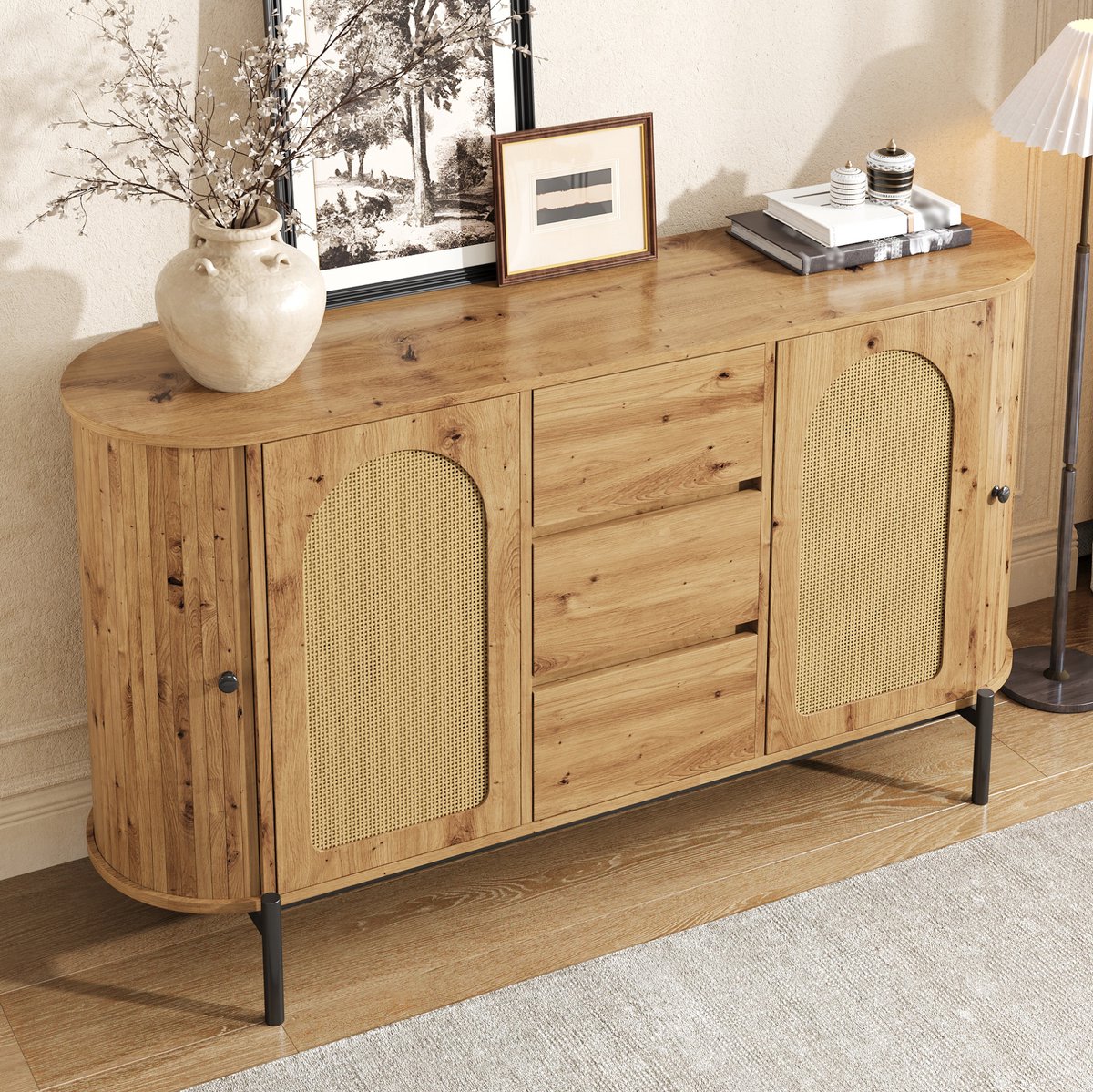 DESMIU Dressoir - Ovale Opbergkast Met Rotan, Schuifdeuren En 3 Laden - Voor Woonkamer En Hal - MDF En Metaal - 140x38x77,5 Cm - Naturel