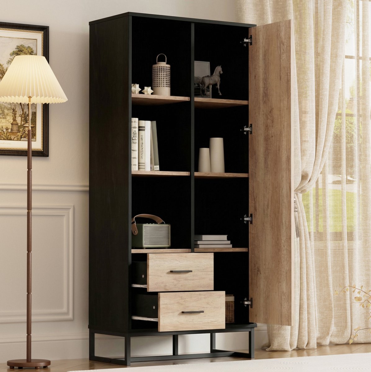 DESMIU Dressoir - Houtlook Kast Met 1 Deur 2 Lades En 3 Open Vakken - Voor Woonkamer Kantoor En Hal - MDF - 80x40x180 Cm - Zwart