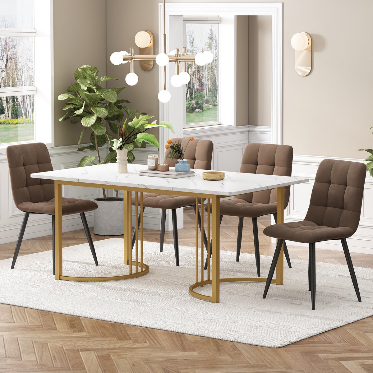 MEUNIQ set tafel en stoelen 5-delig met eettafel 140 x 80 cm en 4 fluwelen eetkamerstoelen, modern eetkamerset voor keuken of eetkamer, wit en bruin