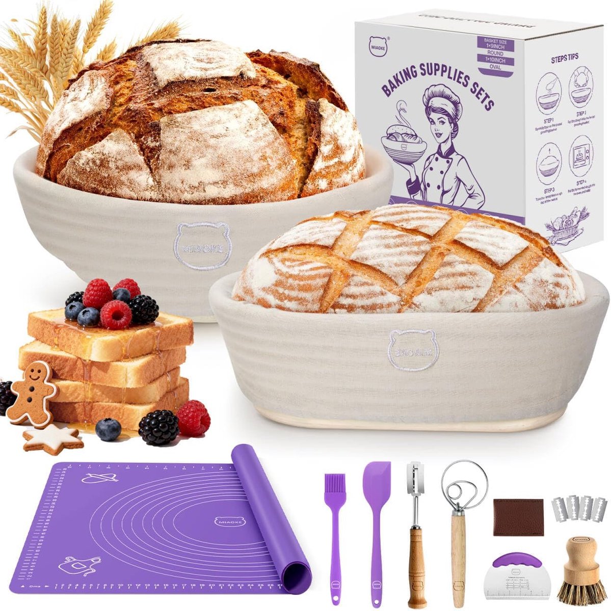 SnelShoppen - Complete Sourdough Brood Bakset - Deegklopper, Brood Lame, Rijsmanden Ø25 cm & 23 cm, Spatel, Kookborstel, Schraper, Lijninleg voor Perf
