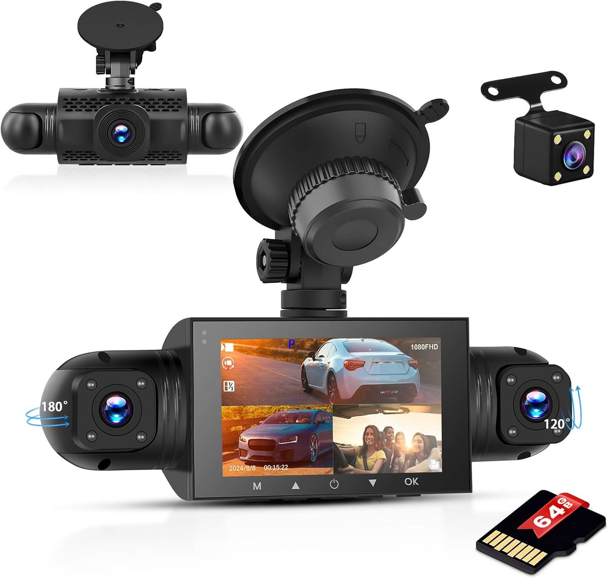 SnelShoppen - HD 1080P Autorij Recorder met 64G SD Kaart, 4-Kanaal G-Sensor, Beweging Detectie, 24/7 Parkeermodus, 4 Camera's, Veiligheidsoplossing vo