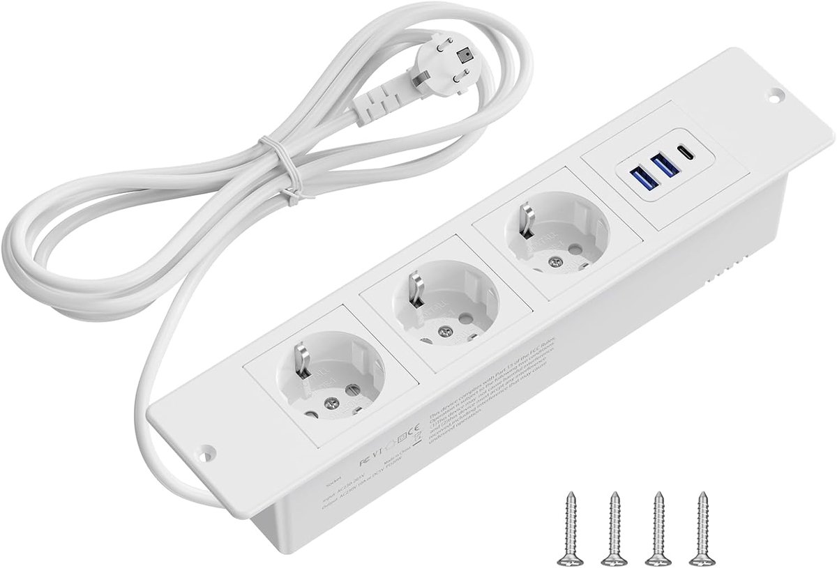 SnelShoppen - Tabletop Recessed Socket met USB C, 3-Way Flush Socket, Power Strip met Switch, 2 m Kabel voor Vergadertafel, Werkblad, Banktafel, Wit