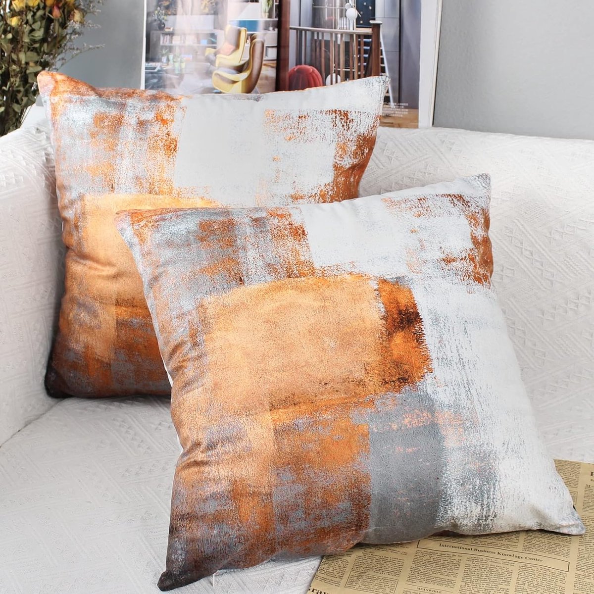 SnelShoppen - Decoratieve Kussenhoezen Set van 2 Fluwelen Kussenhoezen 40x40 cm Oranje Landhuisstijl Esthetisch Vierkant Bankkussen voor Binnen en Bui